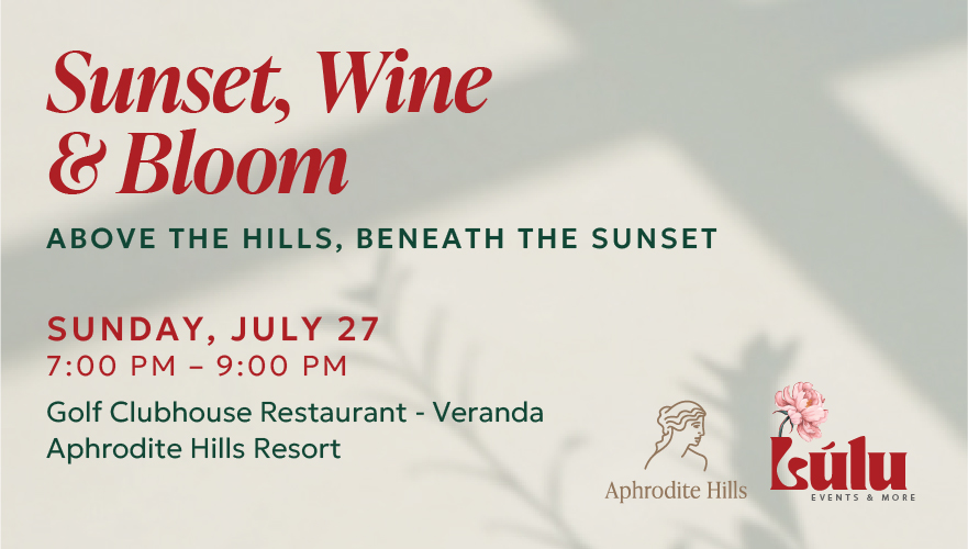 Sunset, Wine & Bloom event banner